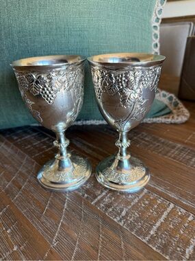 Vintage Silver Plated Wine Goblets Pair Grape Vine Embossed Chalices Set of 2
